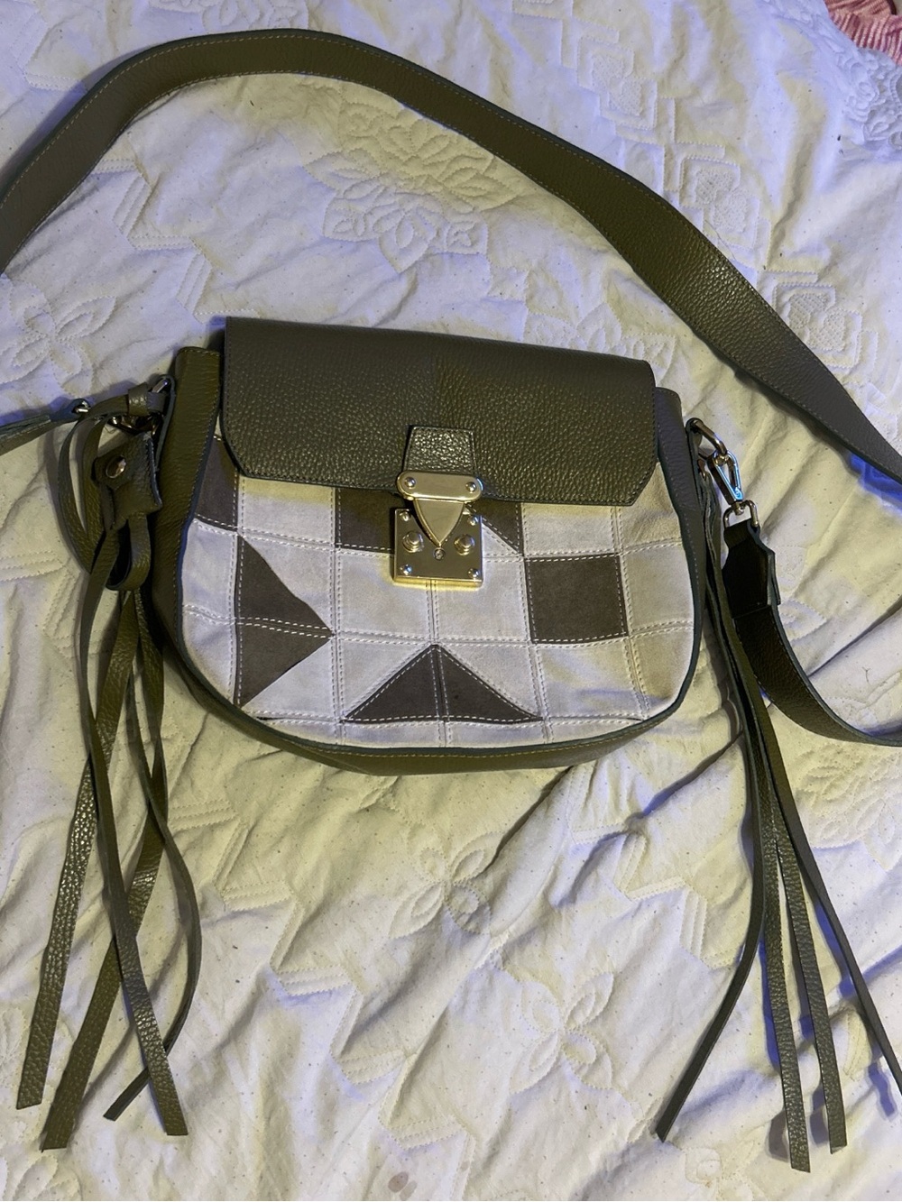 Olive Green Patchwork Shoulder Bag Tassel Accents With key 9.5 deep 10.5 wide